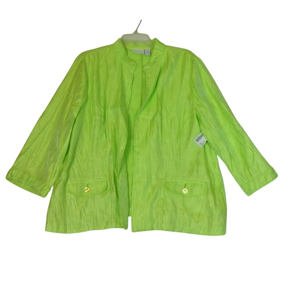 Chico's Lightweight Open Front Blazer Cardigan Half Sleeve Shiny Lime Green SZ 3